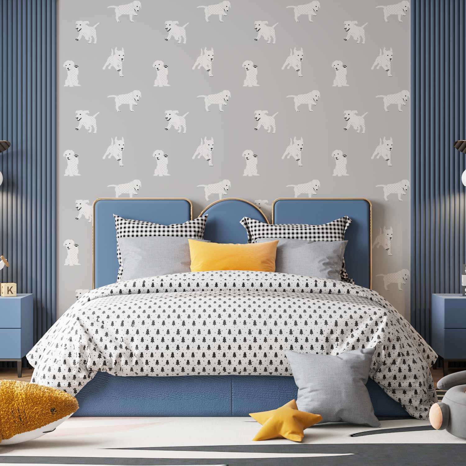 Gray dog wallpaper for boys' bedroom - playful and fun