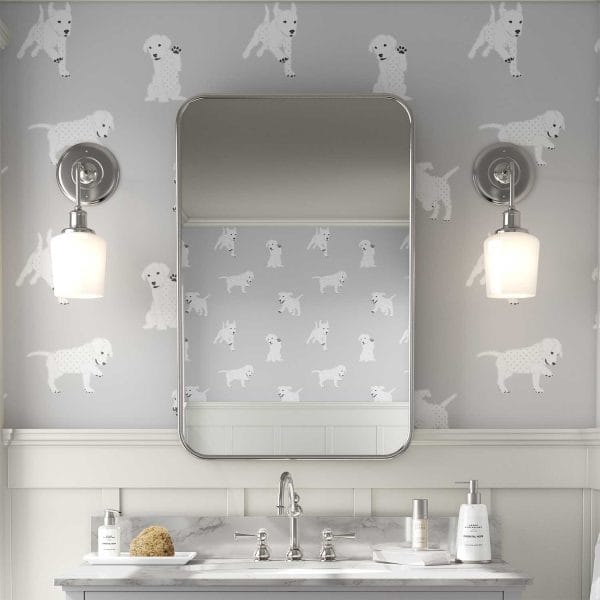Adorable gray puppy wallpaper in a modern kids' bathroom