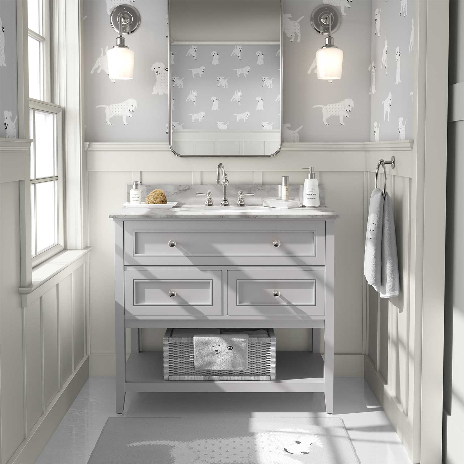Gray dog wallpaper for kids' bathroom - playful puppy design