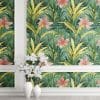 Hallway accent wall with tropical floral peel and stick wallpaper