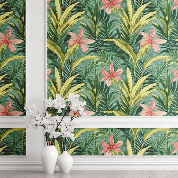 Hallway accent wall with tropical floral peel and stick wallpaper