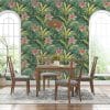 Elegant dining space with tropical wallpaper featuring hibiscus and palm leaves
