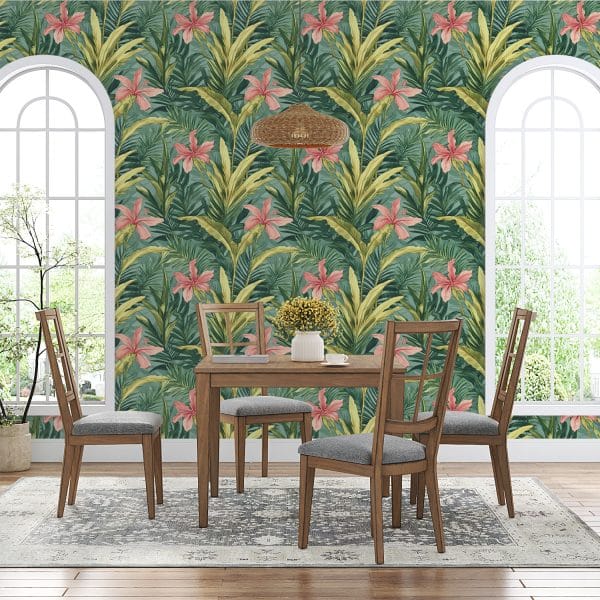 Elegant dining space with tropical wallpaper featuring hibiscus and palm leaves
