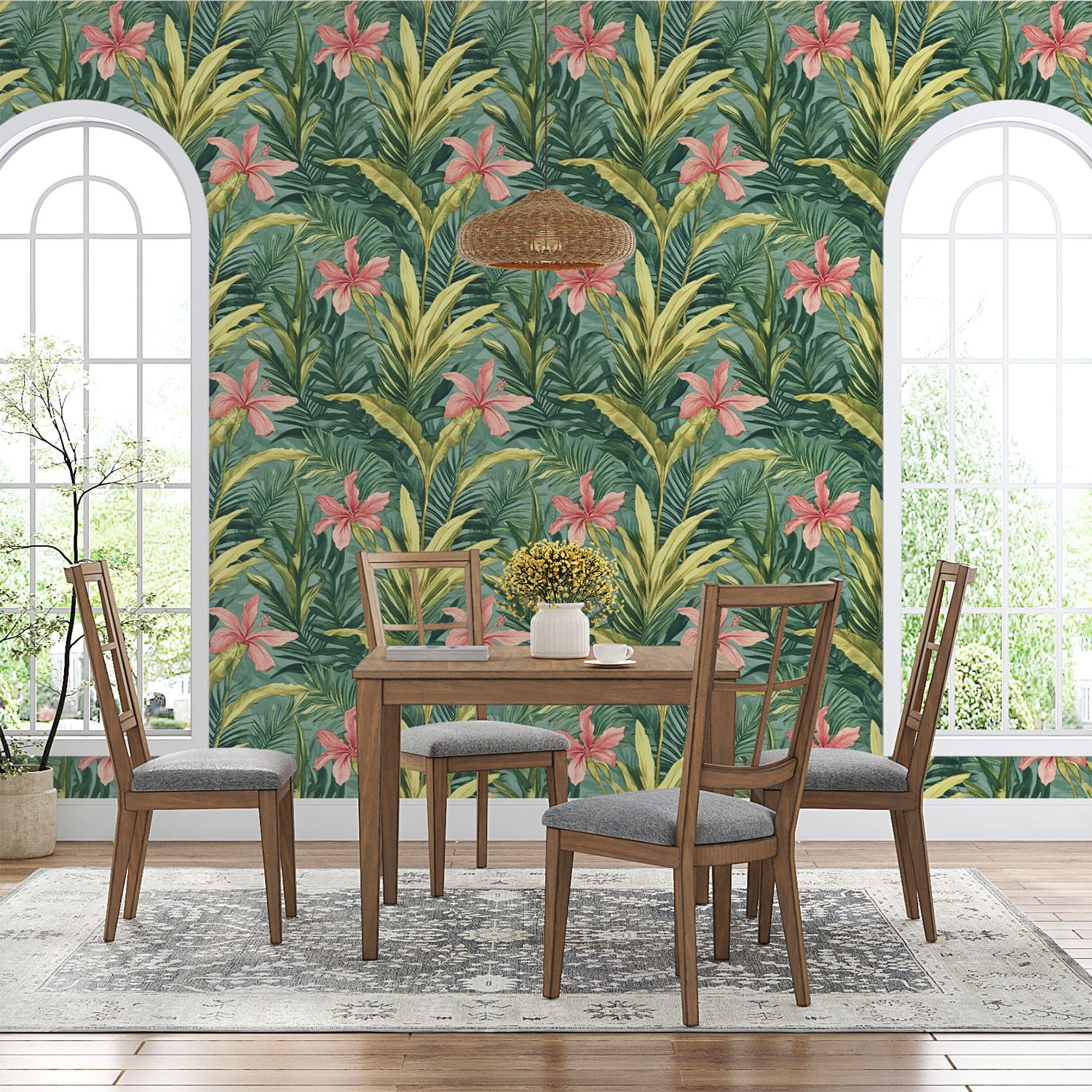 Elegant dining space with tropical wallpaper featuring hibiscus and palm leaves