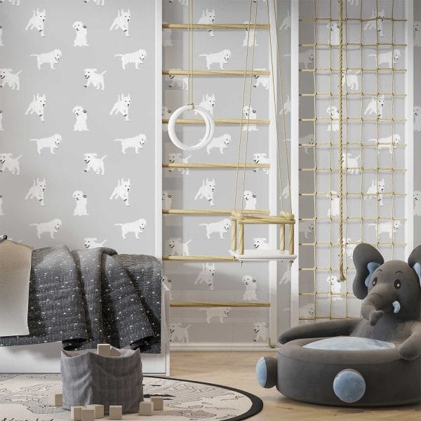 Cute gray dog wallpaper for kids' playroom decor