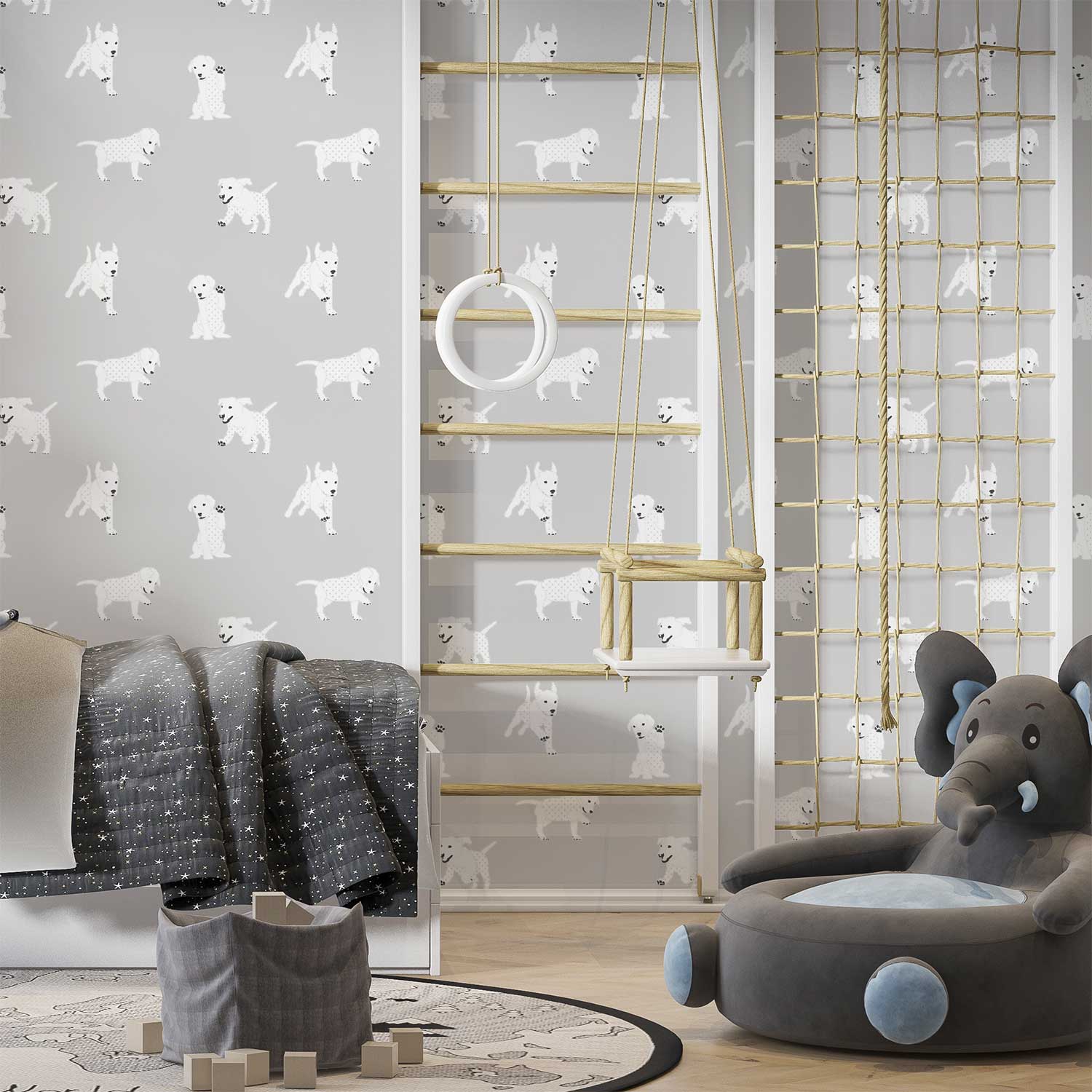Cute gray dog wallpaper for kids' playroom decor