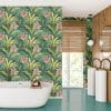 Tropical floral wallpaper in a bright bathroom