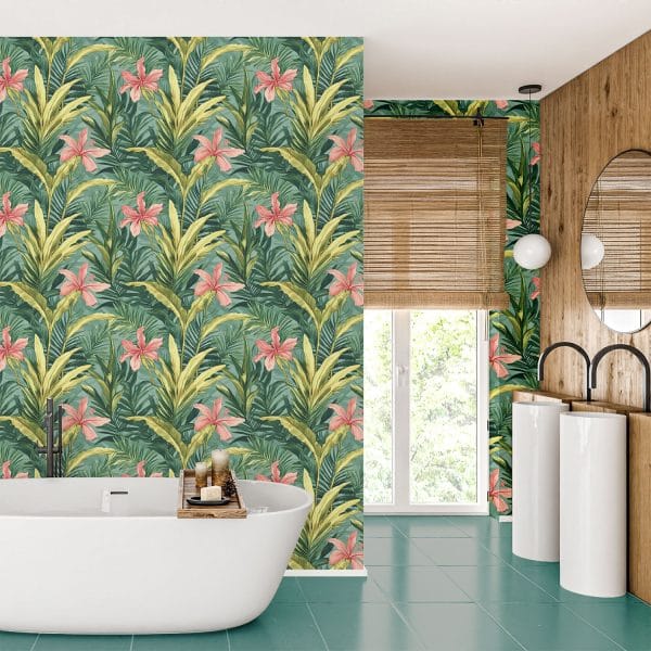 Tropical floral wallpaper in a bright bathroom