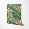 Close-up of tropical wallpaper showing pink hibiscus and green palm leaves