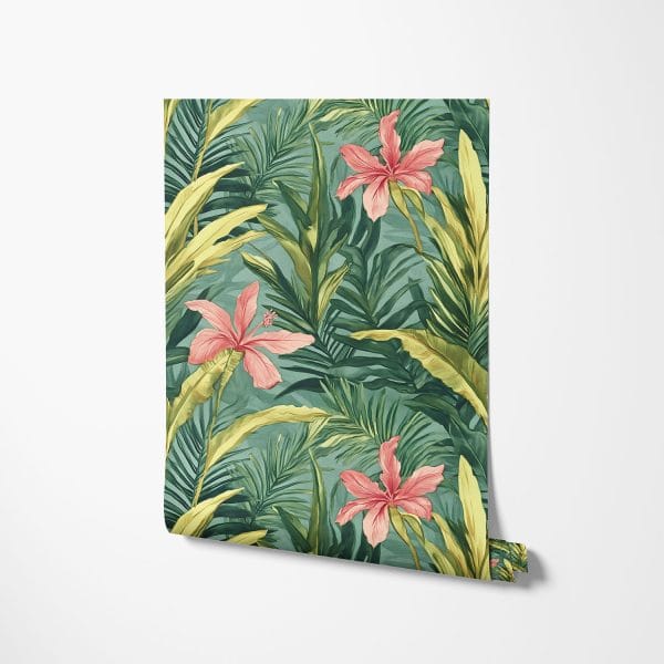 Close-up of tropical wallpaper showing pink hibiscus and green palm leaves