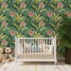 Peel and stick tropical wallpaper in a gender-neutral nursery