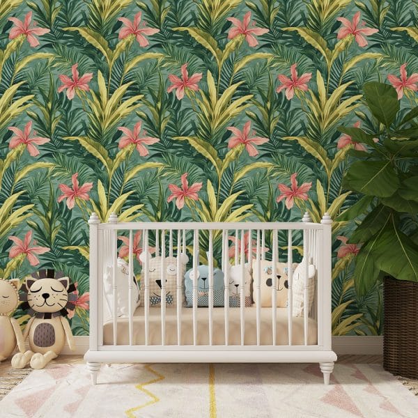 Peel and stick tropical wallpaper in a gender-neutral nursery