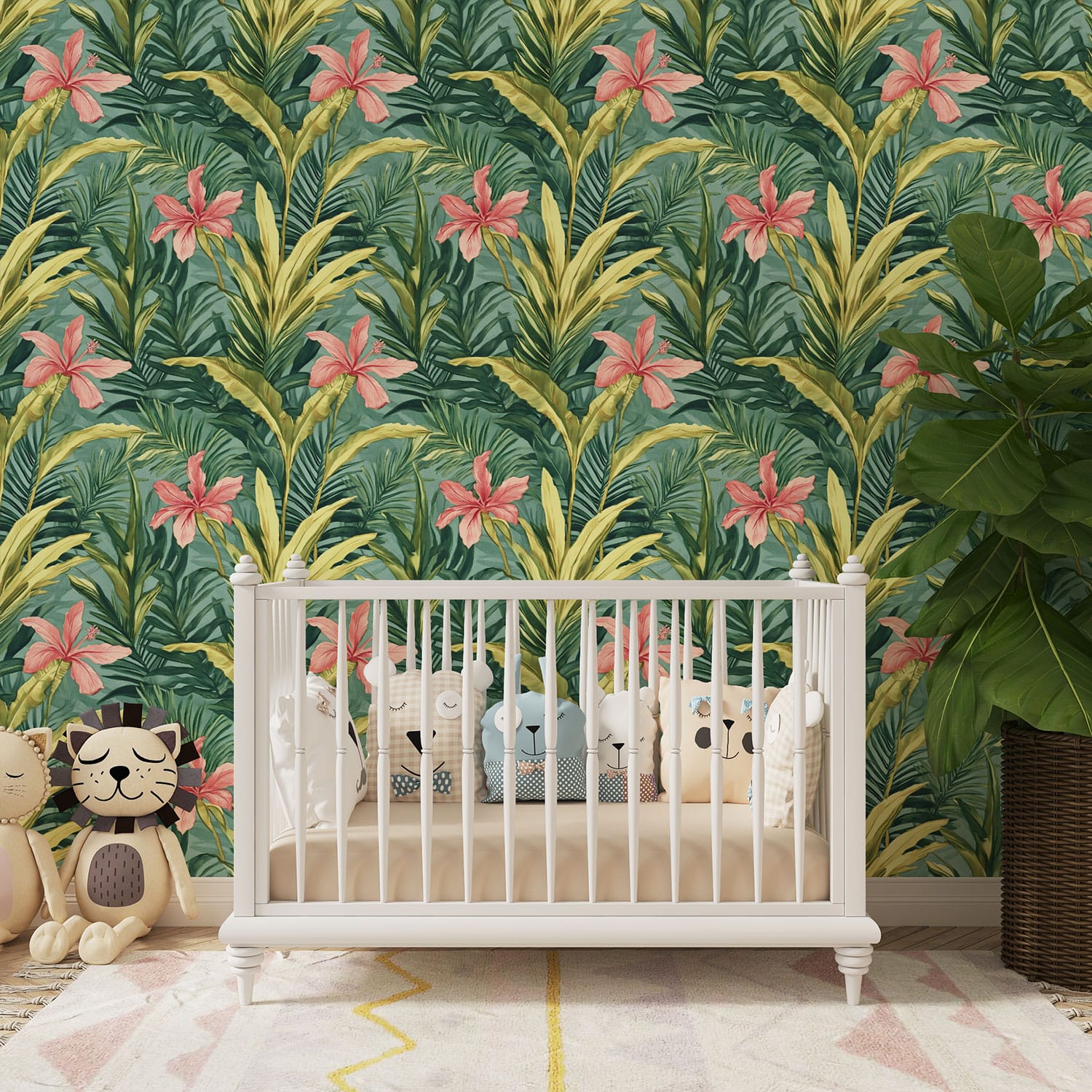 Peel and stick tropical wallpaper in a gender-neutral nursery