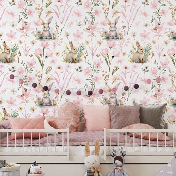 Playroom wall with pink bunny wallpaper