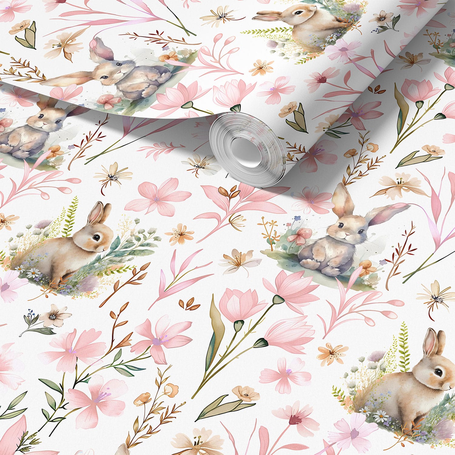 Sample of pink floral bunny wallpaper