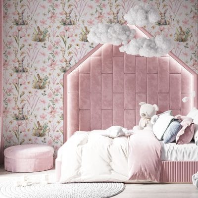 Child's room with floral bunny wallpaper