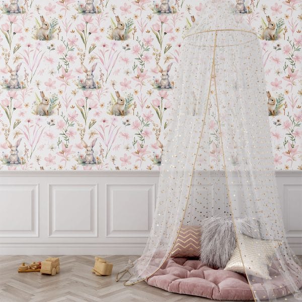 Playroom wall with pink bunny wallpaper