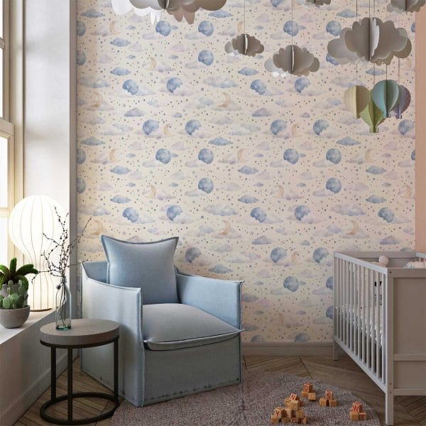 Cloud cream Soft Skies wallpaper in gender-neutral baby room