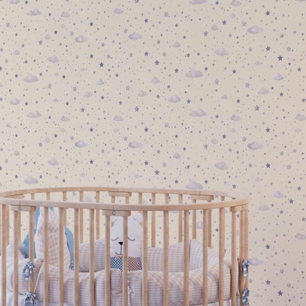 Lavender grey micro stars wallpaper in baby nursery with crib