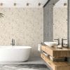 Neutral moon wallpaper in modern bathroom with white tiles and soft natural light