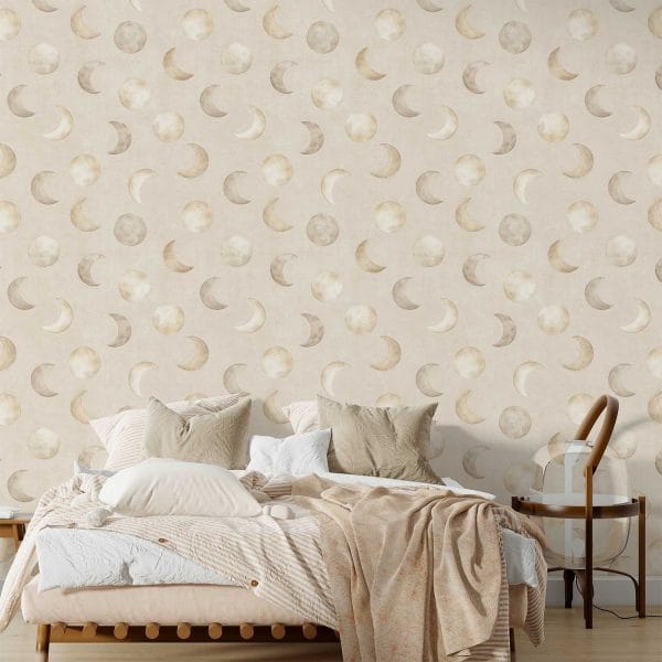 Oatmeal moon wallpaper in modern neutral bedroom interior