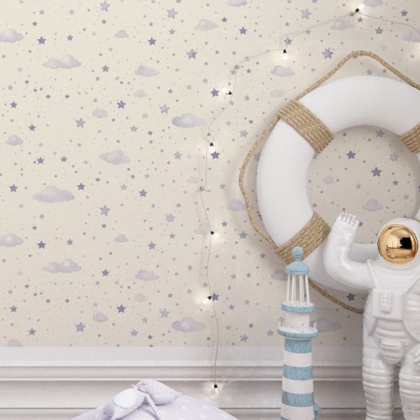 Soft Skies micro stars wallpaper behind bed in boys bedroom