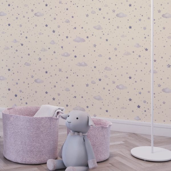 Micro stars wallpaper in kids’ playroom with rugs and toys