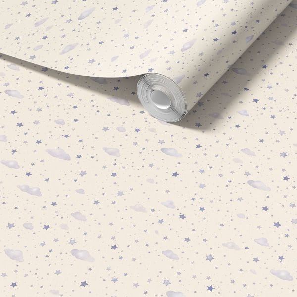 Micro stars nursery wallpaper sample in lavender grey with tiny clouds