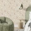 Oatmeal moon wallpaper in modern neutral bedroom interior