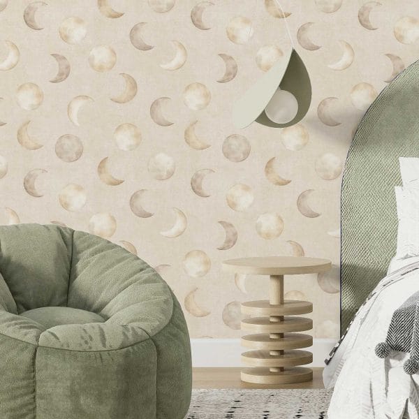 Oatmeal moon wallpaper in modern neutral bedroom interior