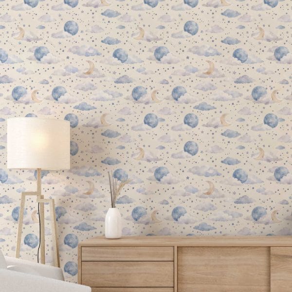 Cloud cream Soft Skies wallpaper with moons and stars in boys bedroom