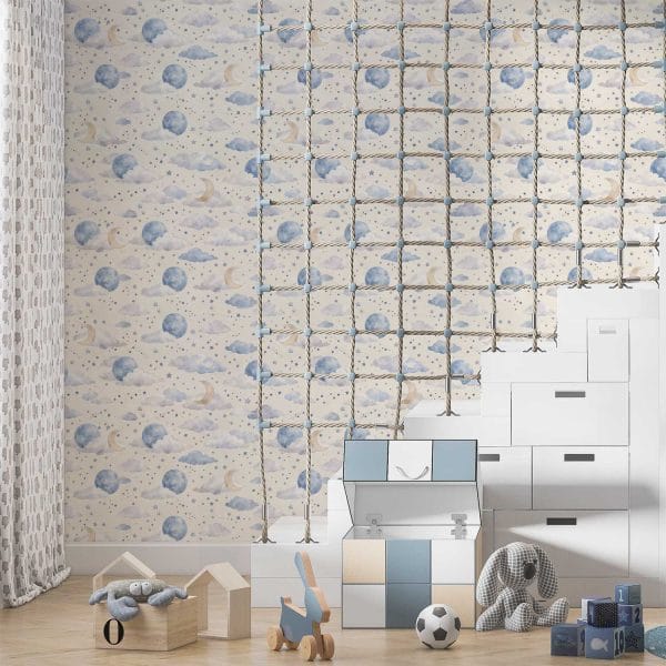 Soft Skies wallpaper in a playroom with pastel toys and rugs