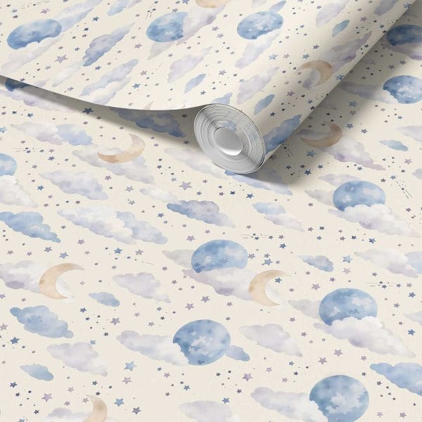 Soft Skies hero wallpaper sample with watercolor moons, clouds, and stars