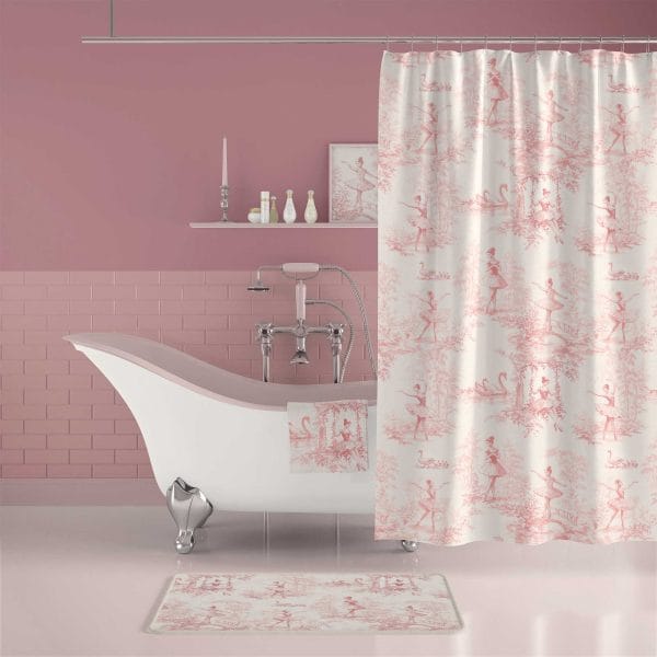 Durable washable pink shower curtain for girls with ballerina design