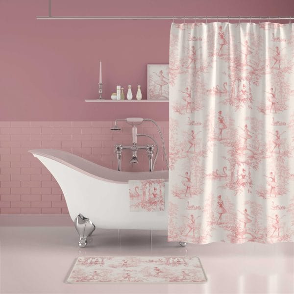 Pink ballerina shower curtain with swan print for girls’ bathroom