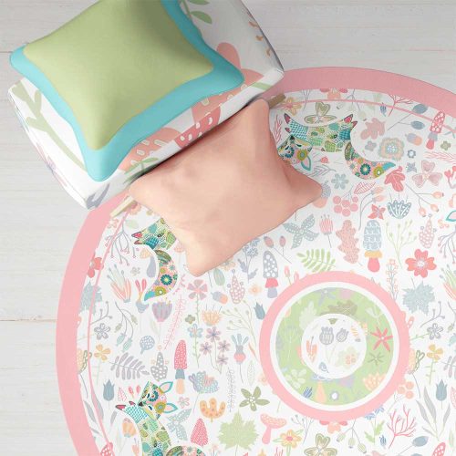 round-floral-nursery-floor-rug-with-pink-woodland-fox